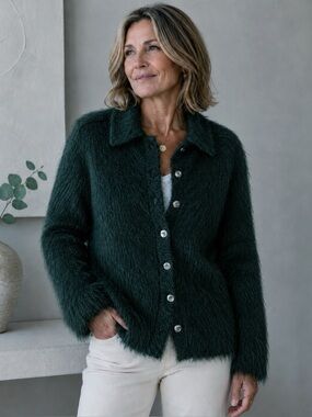 Rare 80’s Teal Button front Collared Mid Length 100% Mohair Cardigan Womens Sz L